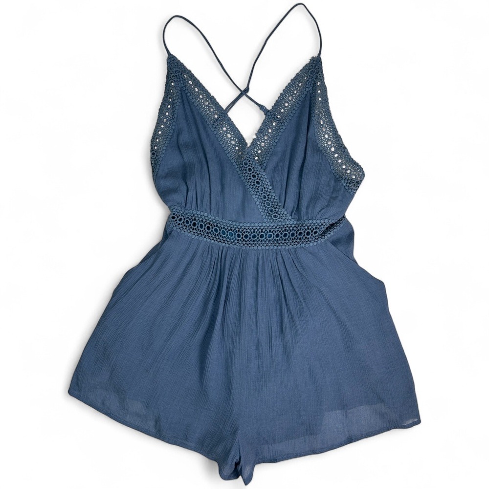 Lush Blue Crochet Lace Romper Size Small Spaghetti Strap Deep V Flowy